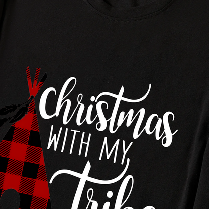 Christmas Text Print Black Long Sleeve Top with Red & White & Green Plaid Family Matching Pajamas