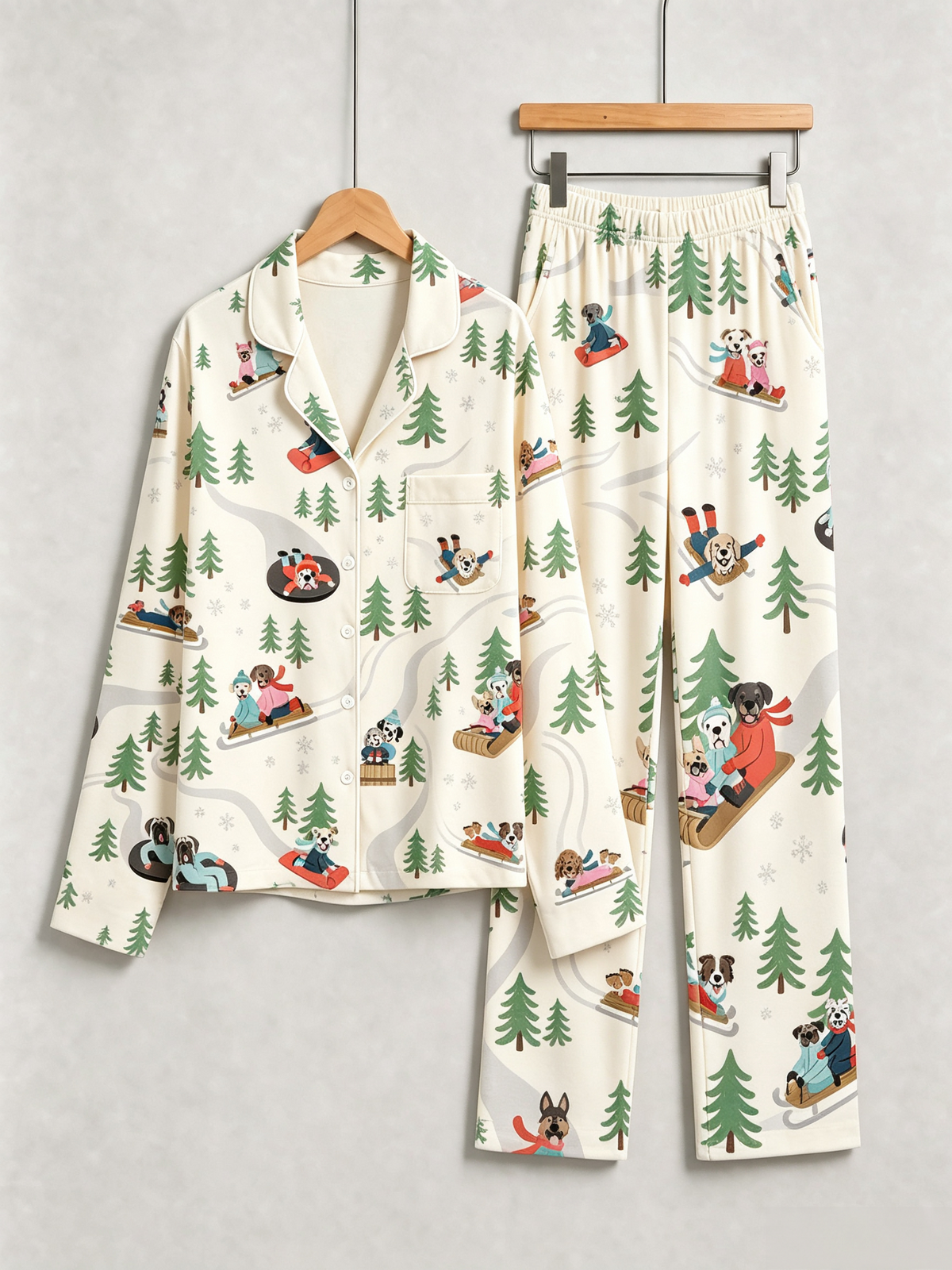 Cozy Winter Dog Sledding Print Women  Pajama Set, Long Sleeve Button-Down Sleepwear
