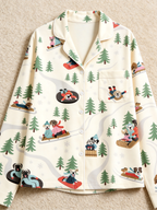 Cozy Winter Dog Sledding Print Women  Pajama Set, Long Sleeve Button-Down Sleepwear