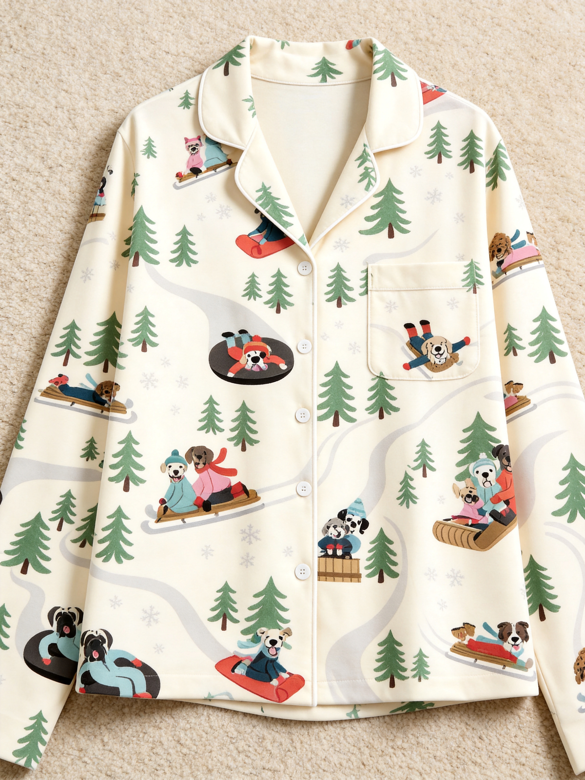 Cozy Winter Dog Sledding Print Women  Pajama Set, Long Sleeve Button-Down Sleepwear