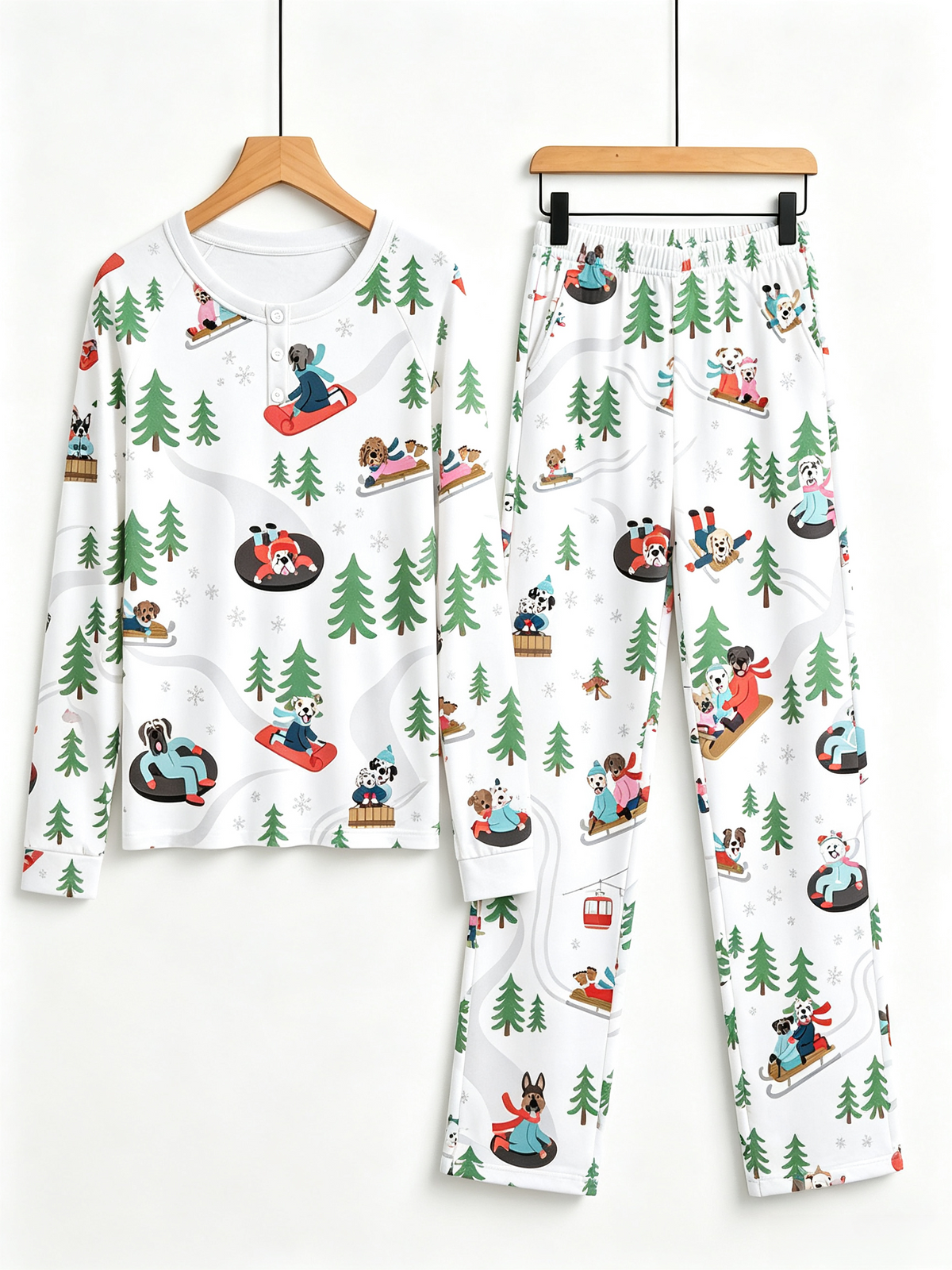 Cute Winter Dogs Sledding Two-Piece Henley Neck Matching Couple Christmas Pajamas