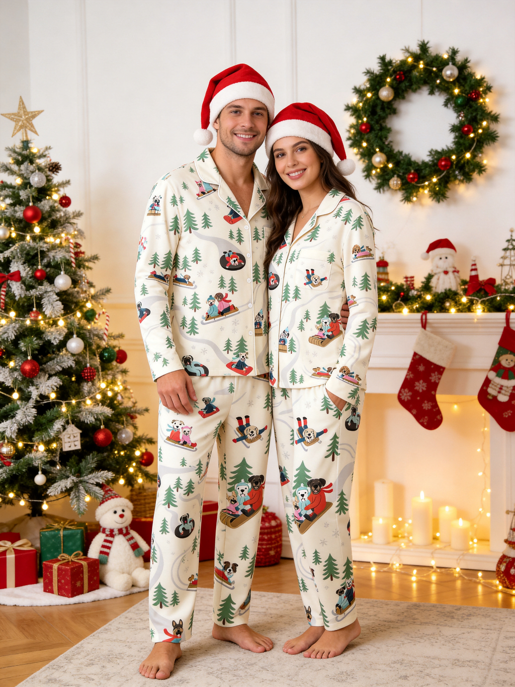 Cozy Winter Dog Sledding Print Women  Pajama Set, Long Sleeve Button-Down Sleepwear