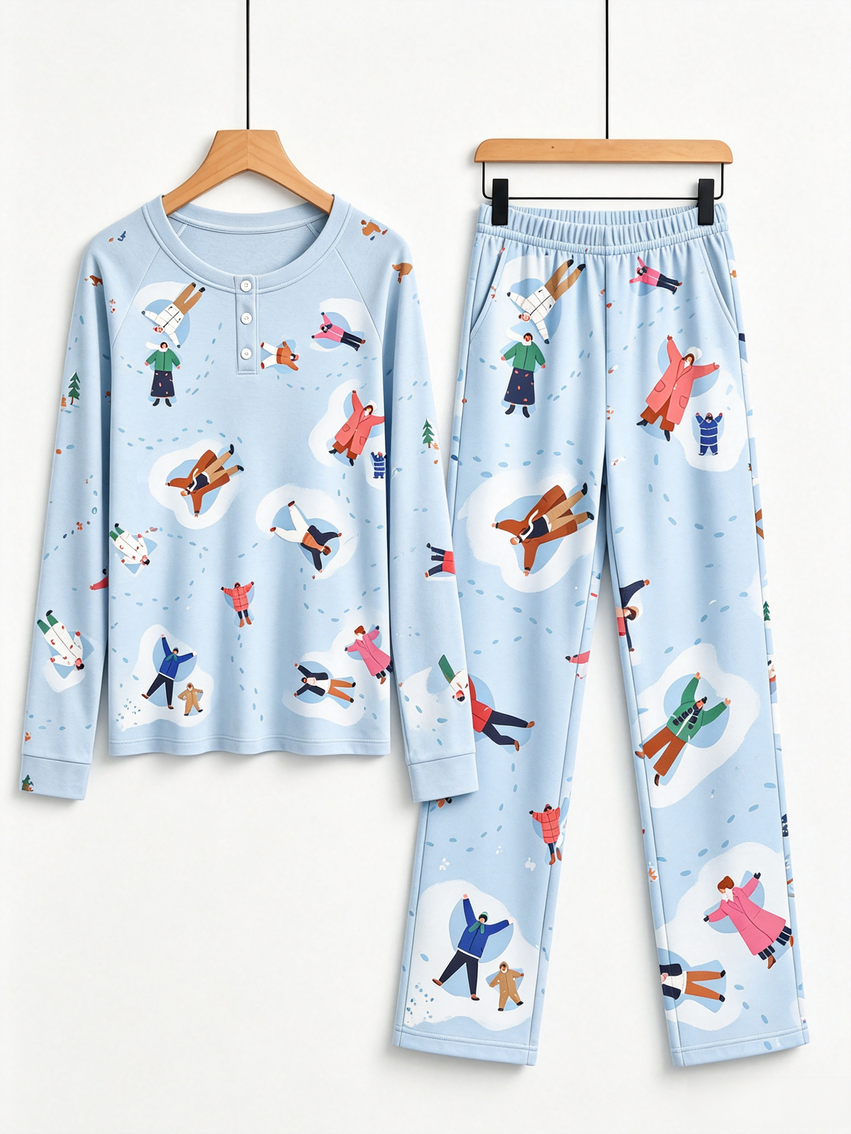 Cozy Snow Angels Print Two-Piece Henley Neck Holiday Couple Sleepwear Set