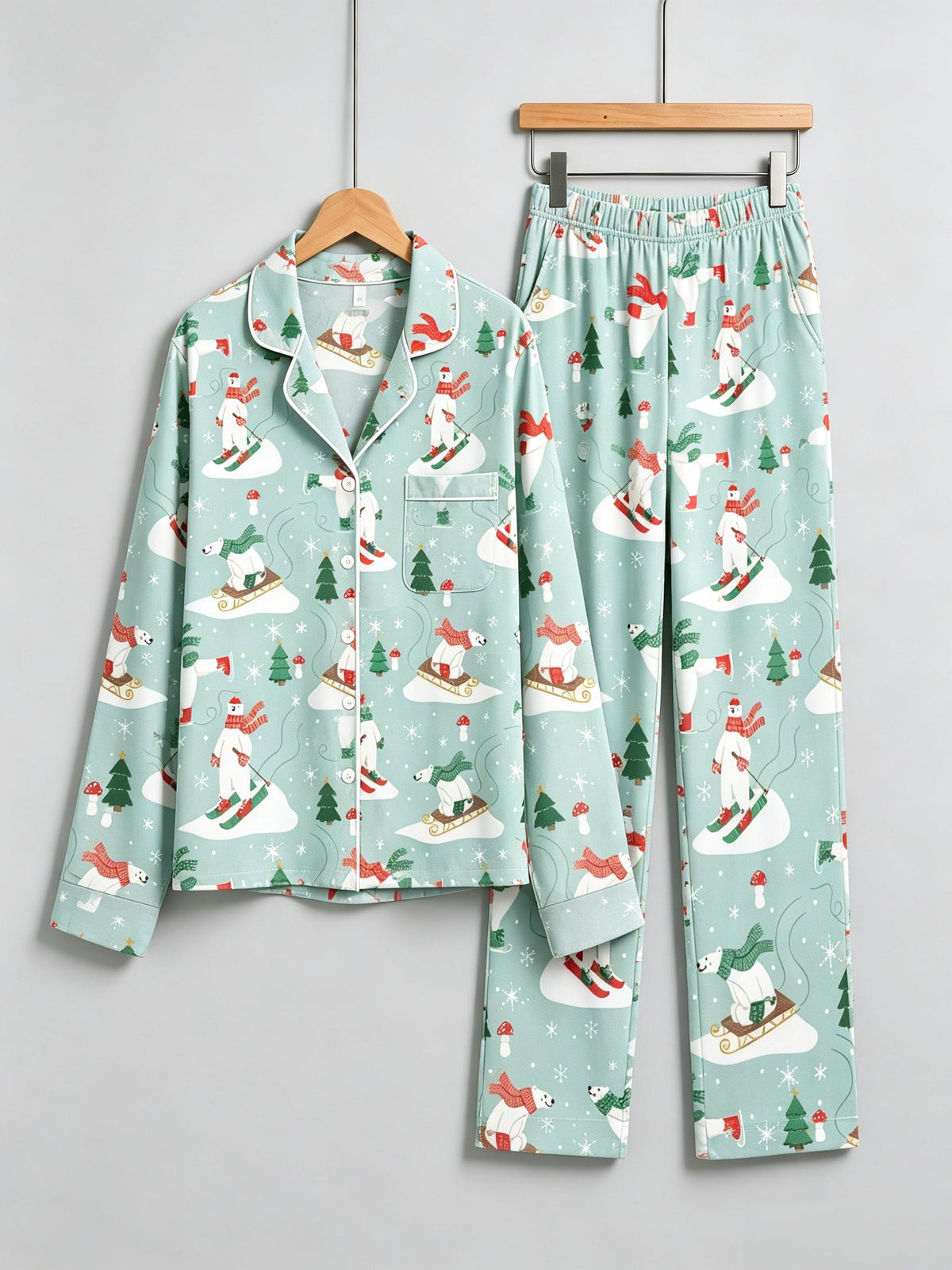 Cozy Mint Polar Bear Skiing Women Christmas Pajamas Set