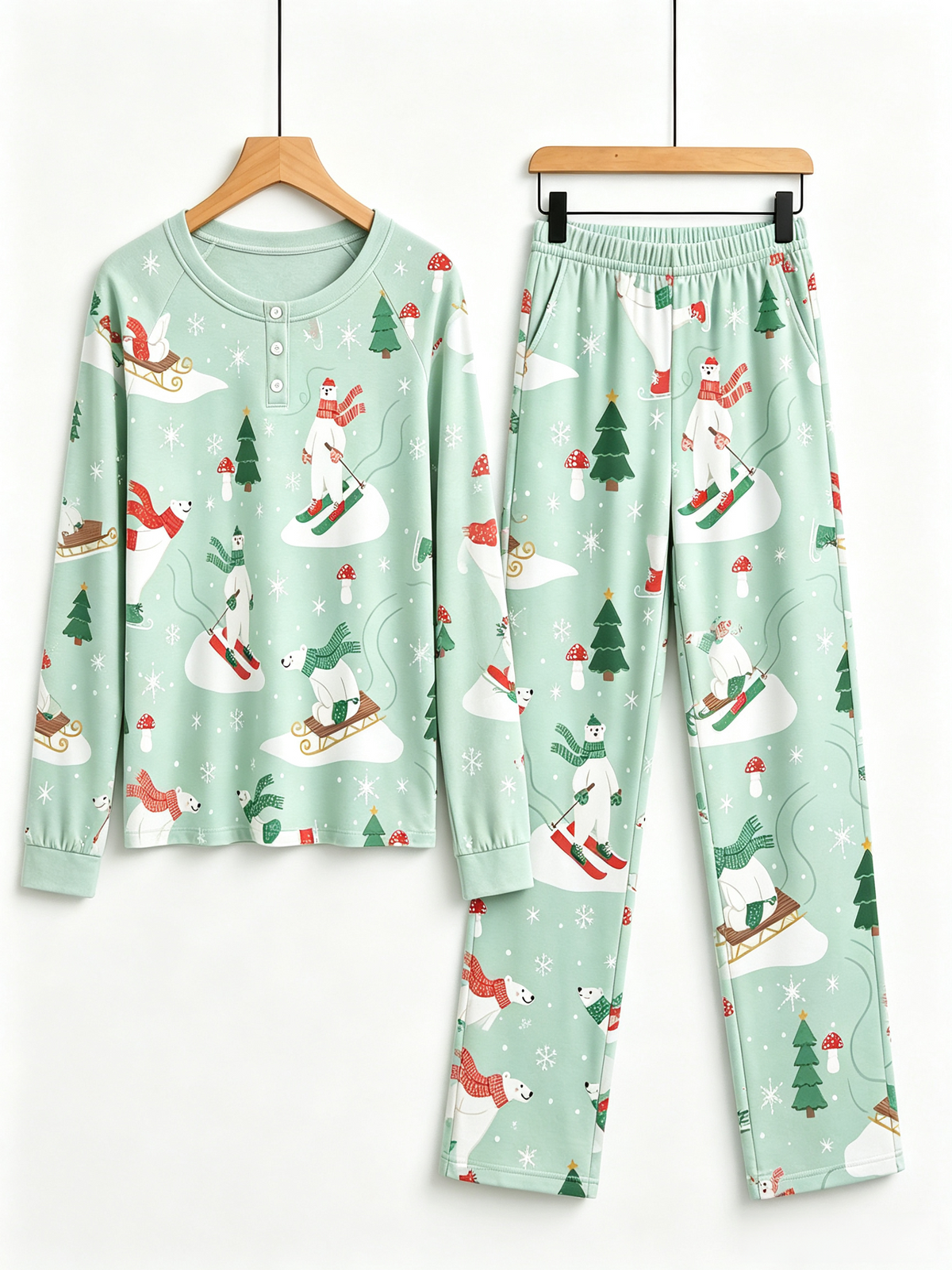 Festive Skiing Polar Bear & Pine Tree Two-Piece Henley Neck Couple PJs