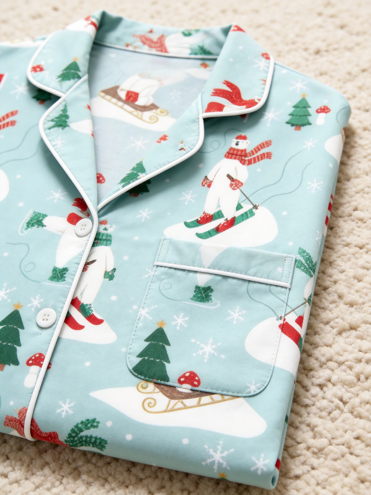 Cozy Mint Polar Bear Skiing Women Christmas Pajamas Set
