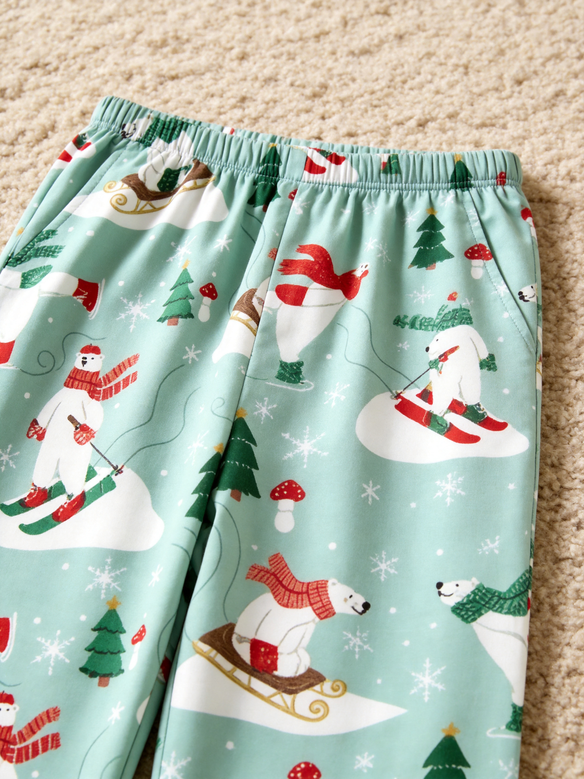 Cozy Mint Polar Bear Skiing Women Christmas Pajamas Set