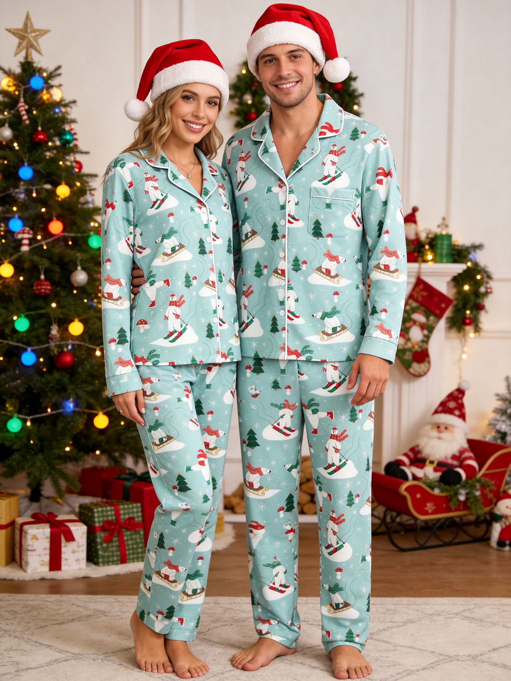 Cozy Mint Polar Bear Skiing Women Christmas Pajamas Set