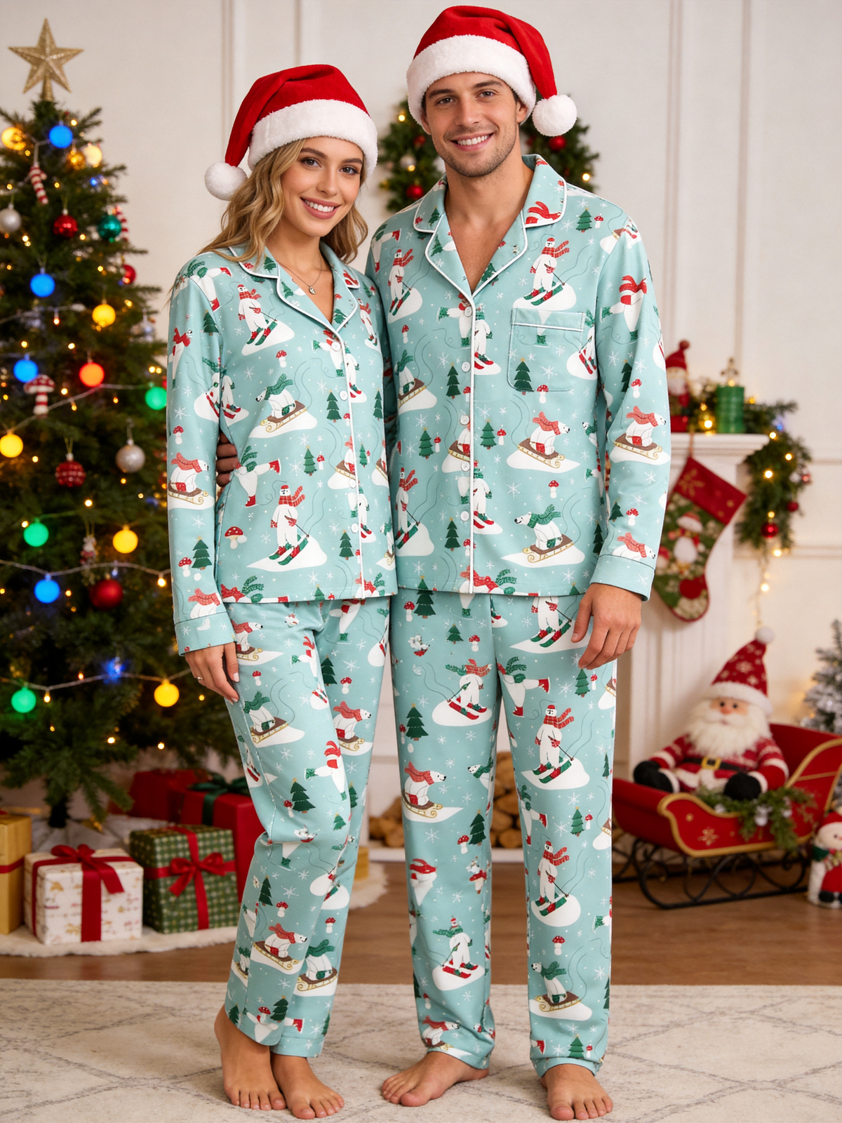 Cozy Mint Polar Bear Skiing Women Christmas Pajamas Set