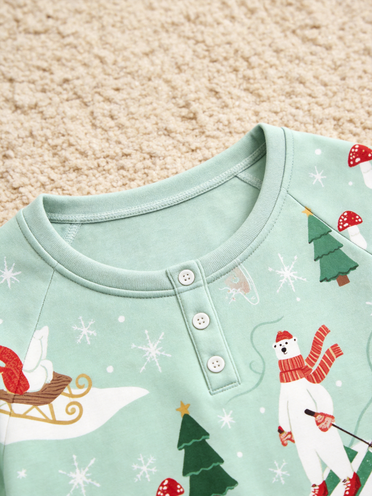 Festive Skiing Polar Bear & Pine Tree Two-Piece Henley Neck Couple PJs