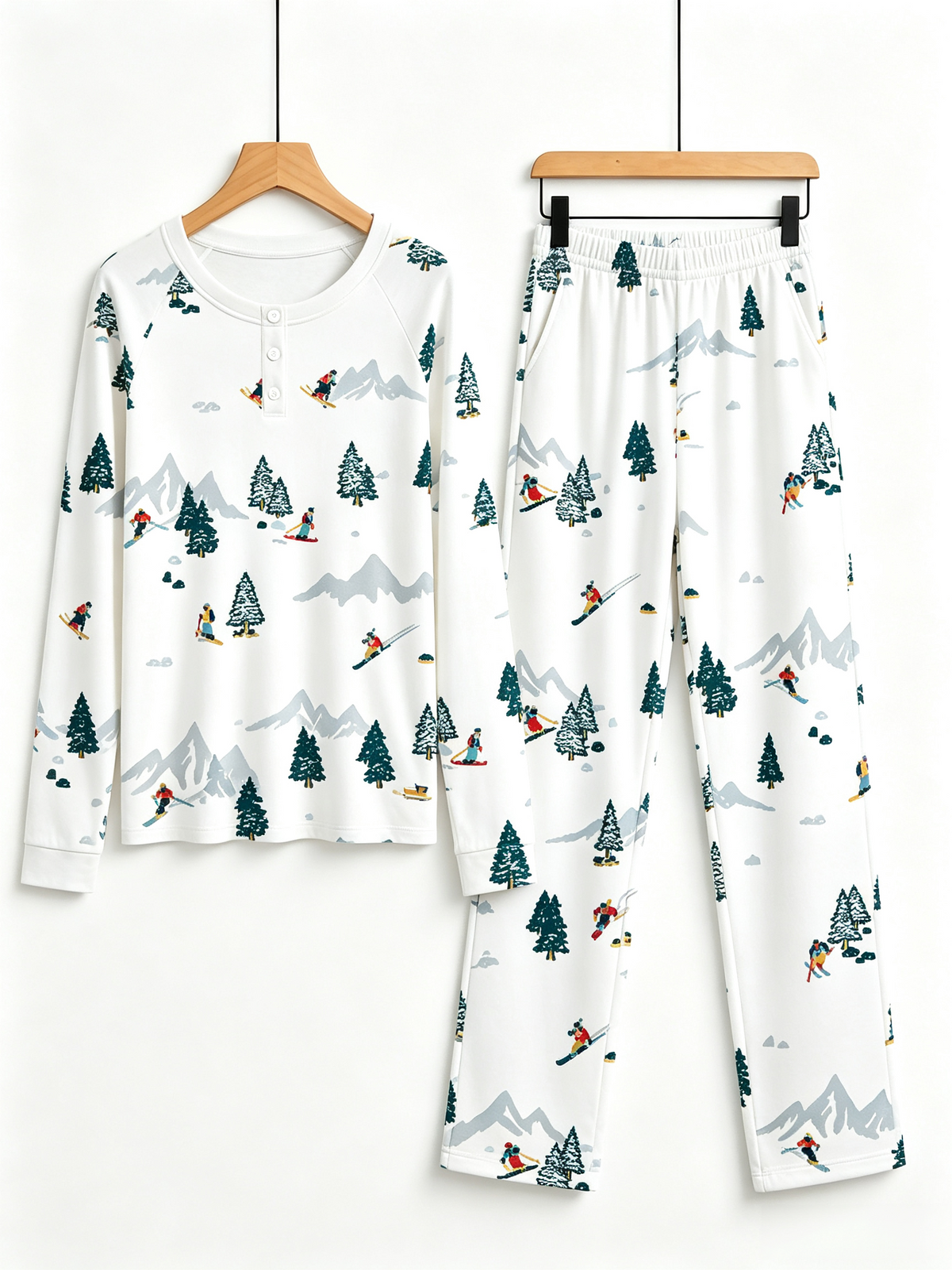 Winter Snowy Mountain Skiers Print Two-Piece Henley Neck Couple Matching Pajamas