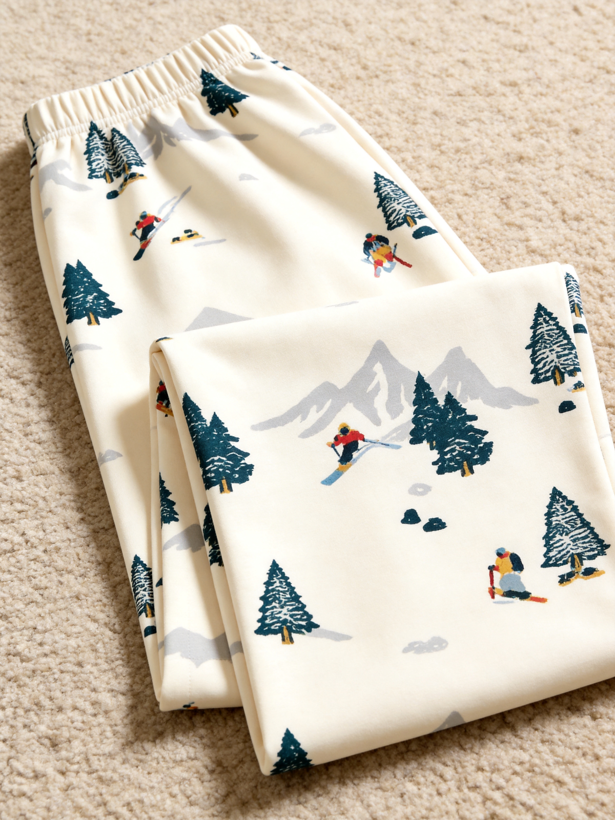 Winter Snowy Mountain Skiers Print Two-Piece Henley Neck Couple Matching Pajamas