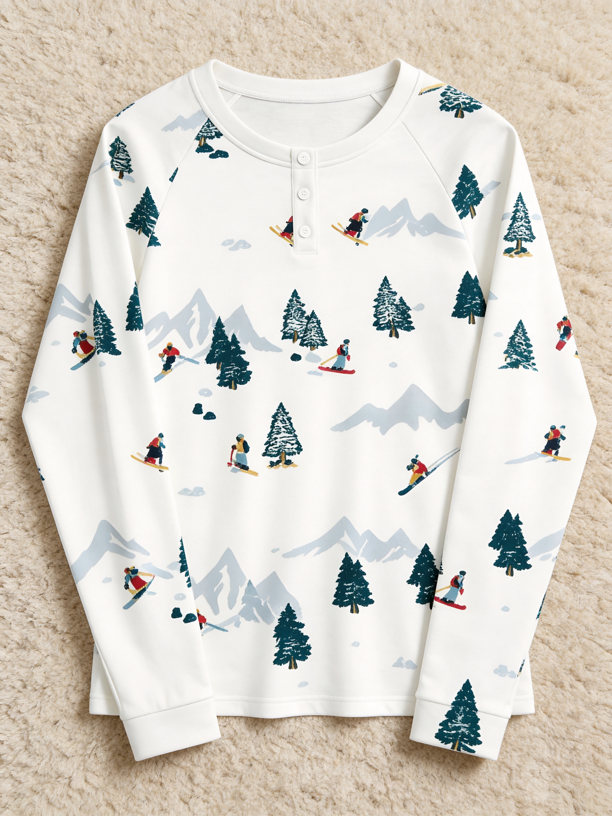 Winter Snowy Mountain Skiers Print Two-Piece Henley Neck Couple Matching Pajamas