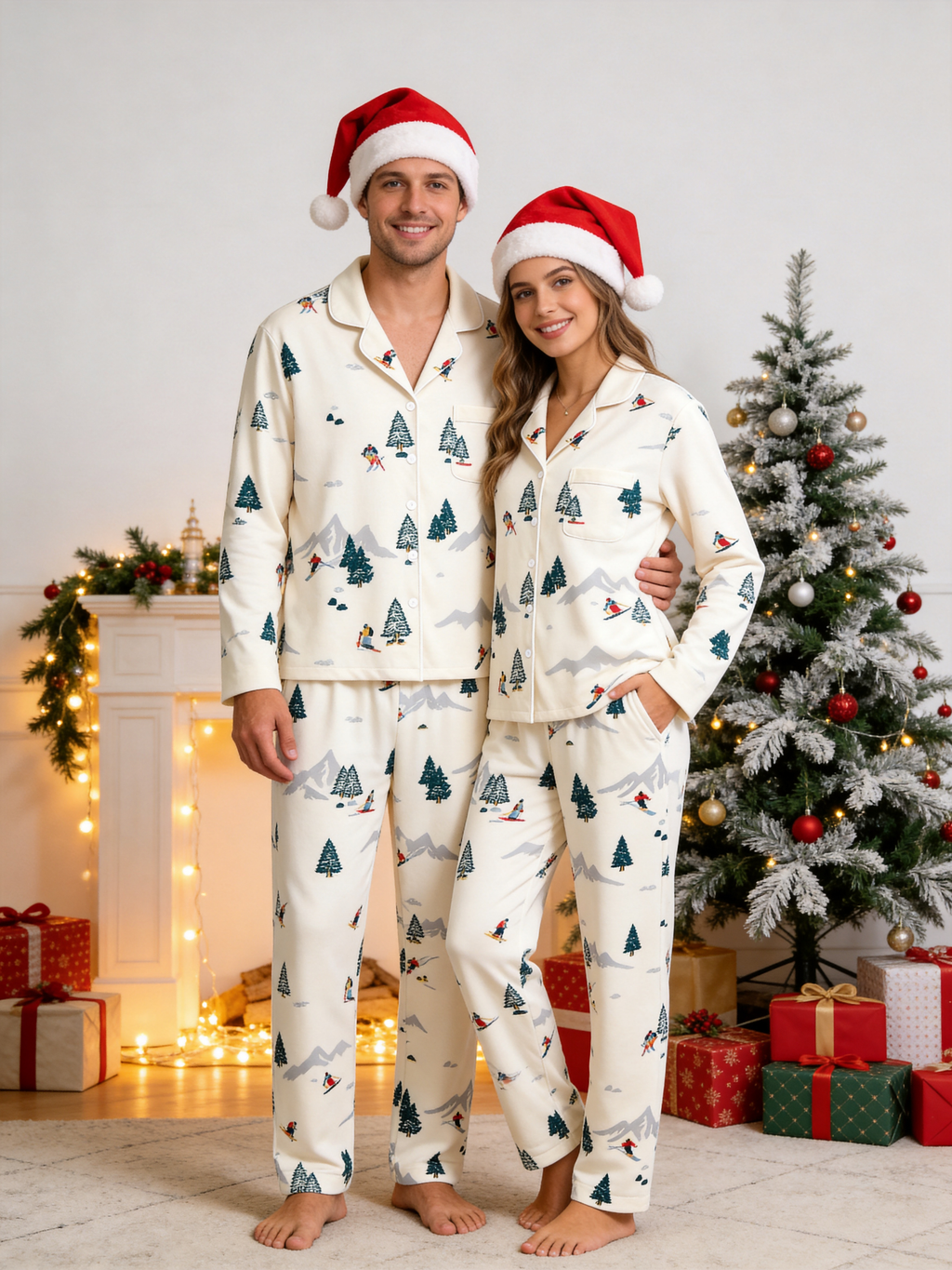 Retro Alpine Ski Lodge & Snowy Mountains Neutral Holiday Women Christmas Pajamas