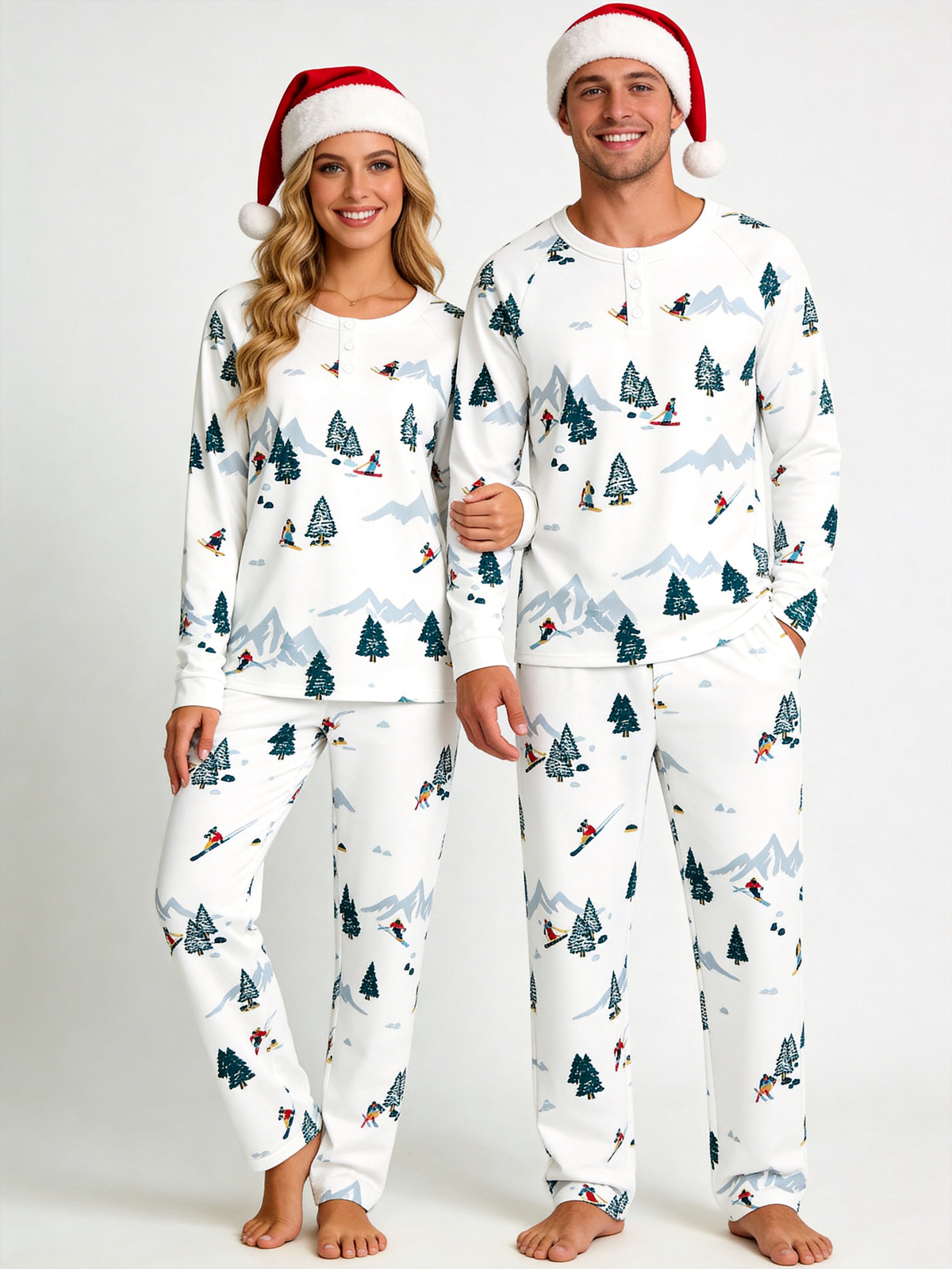 Winter Snowy Mountain Skiers Print Two-Piece Henley Neck Couple Matching Pajamas