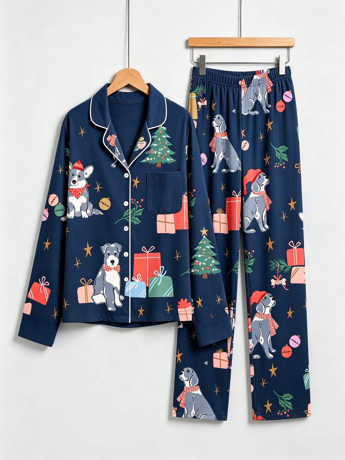 Festive Navy Christmas Dogs & Gift Boxes Matching Holiday Sleepwear