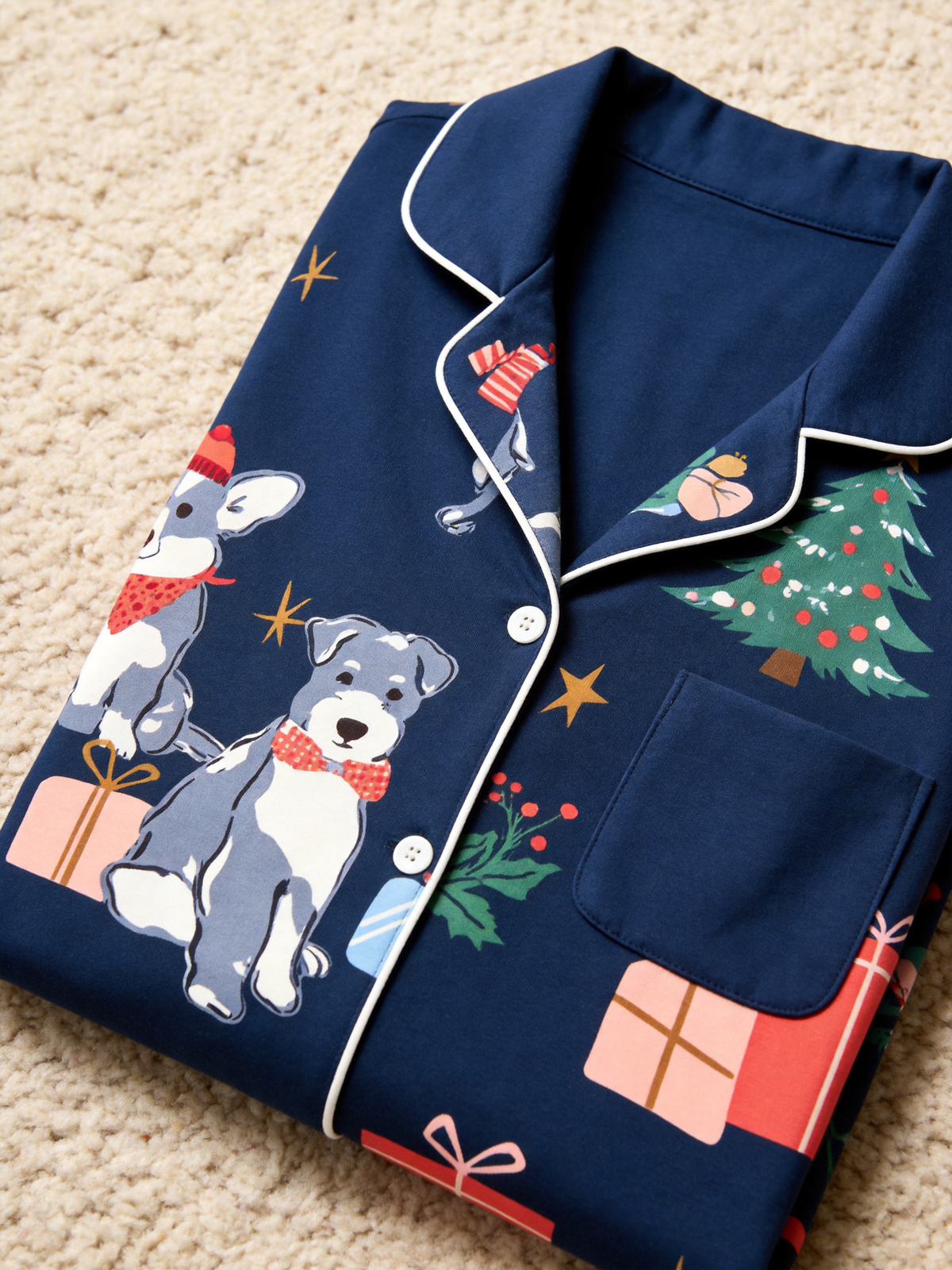 Festive Navy Christmas Dogs & Gift Boxes Matching Holiday Sleepwear