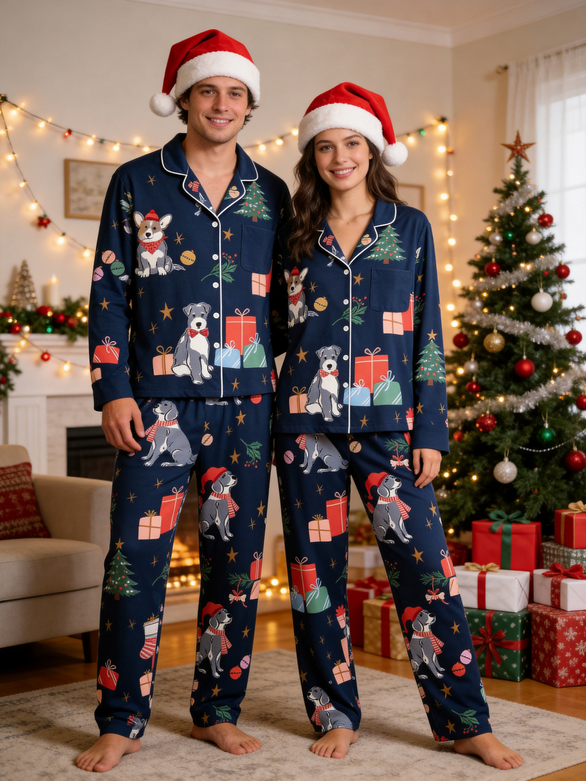 Festive Navy Christmas Dogs & Gift Boxes Matching Holiday Sleepwear