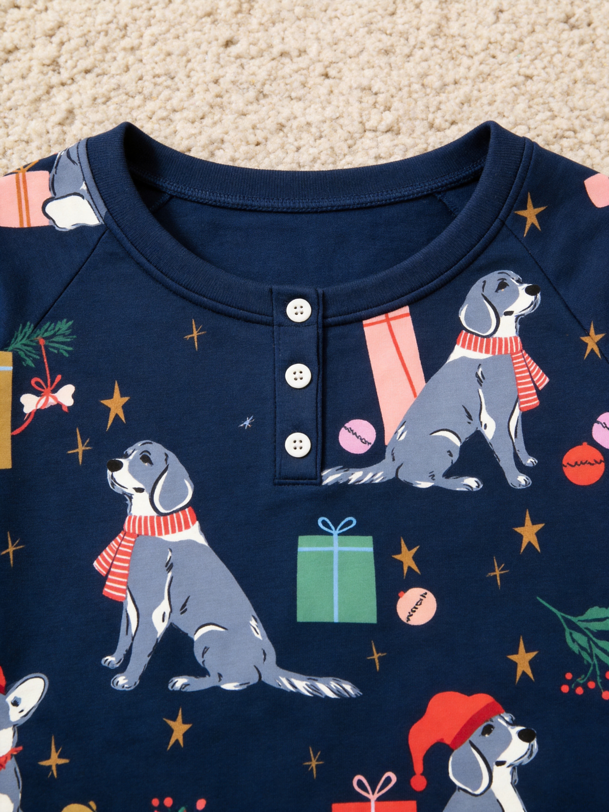 Festive Christmas Dogs with Gifts Two-Piece Henley Neck Matching Couple Sleepwear