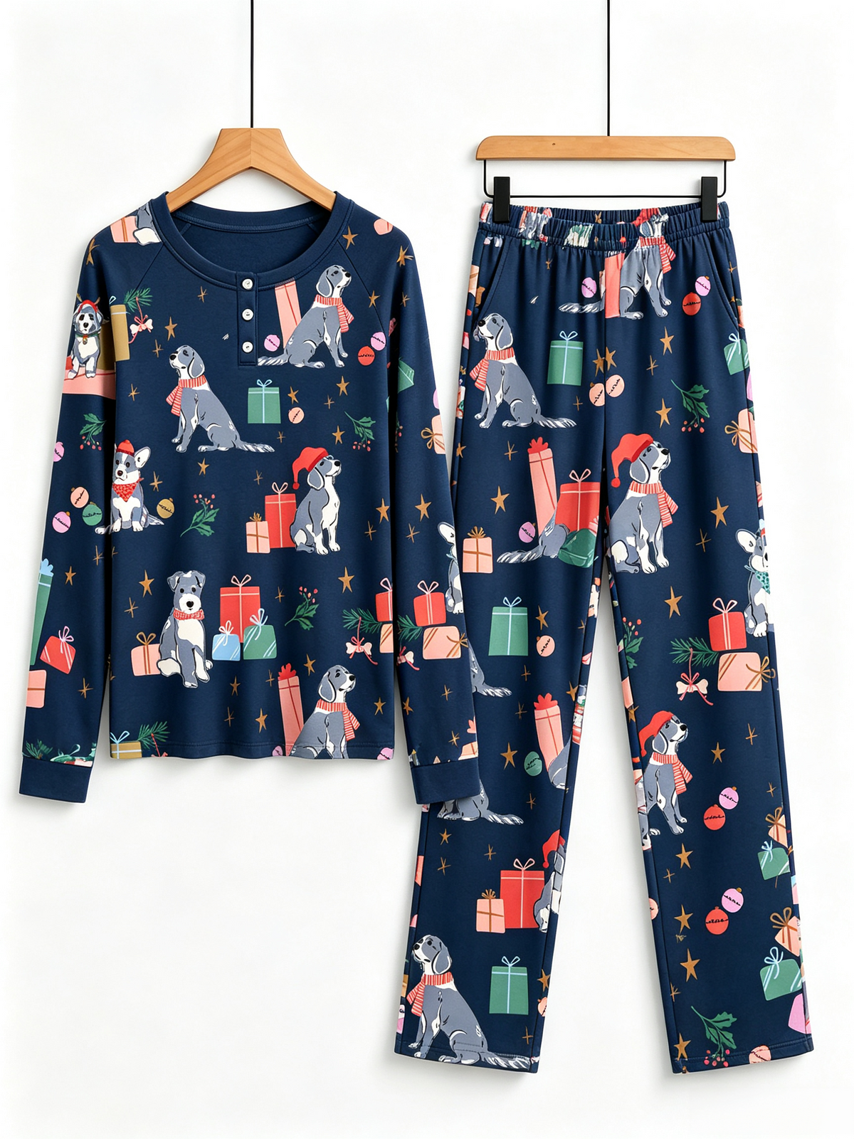 Festive Christmas Dogs with Gifts Two-Piece Henley Neck Matching Couple Sleepwear