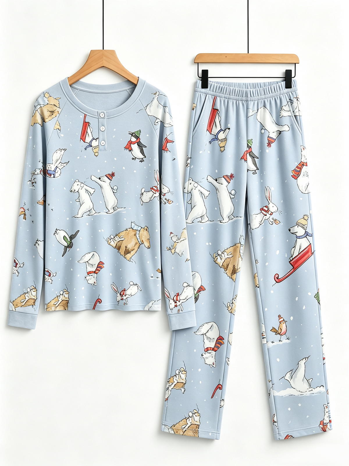 Whimsical Winter Animals & Sled Two-Piece Henley Neck Holiday Couple Pajamas
