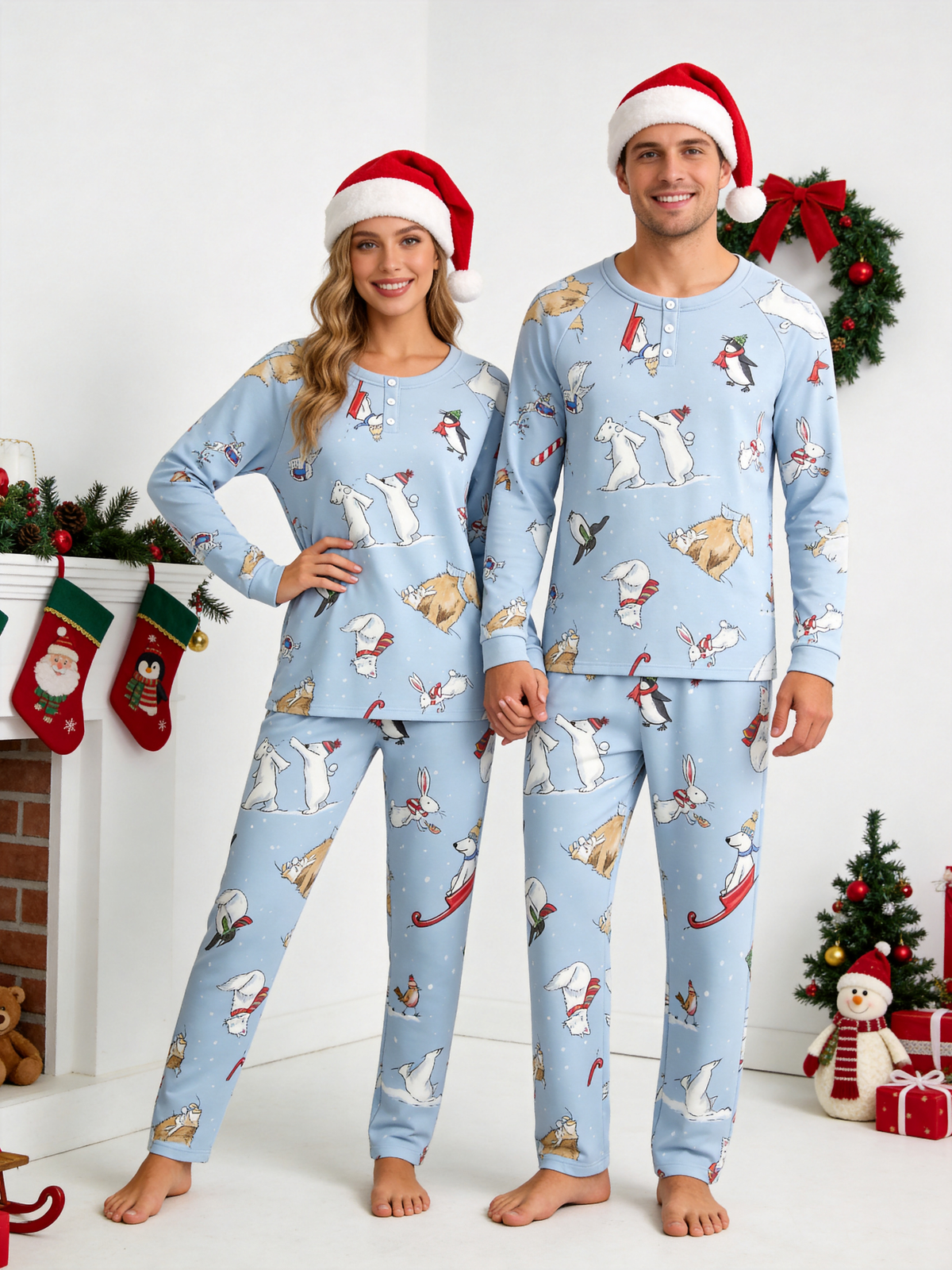 Whimsical Winter Animals & Sled Two-Piece Henley Neck Holiday Couple Pajamas