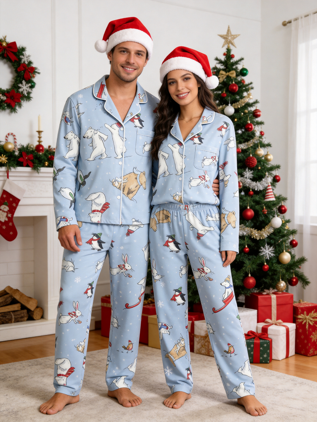 Whimsical Winter Animals & Snowflakes Soft Blue Women Pajama Set