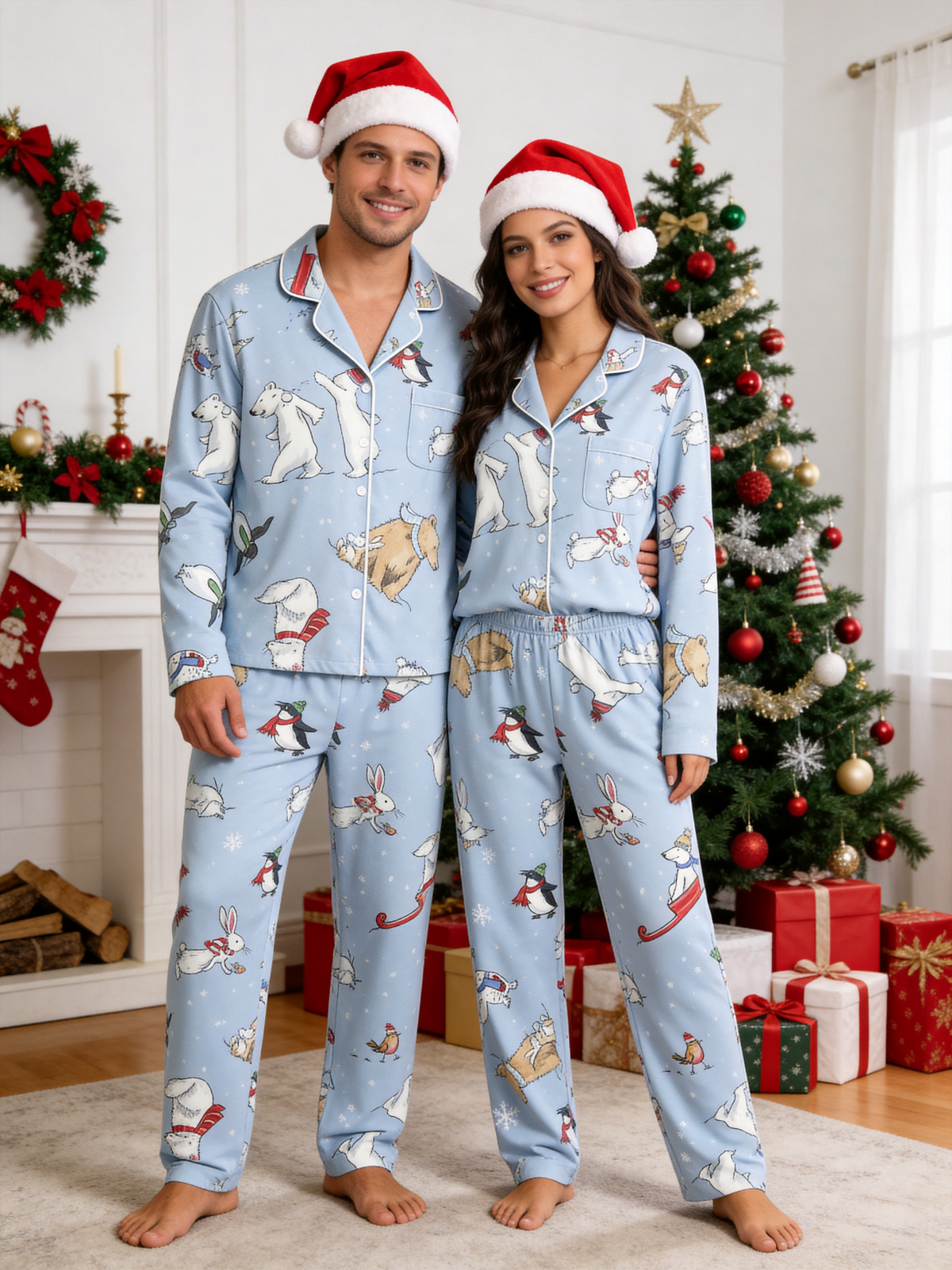 Whimsical Winter Animals & Snowflakes Soft Blue Women Pajama Set