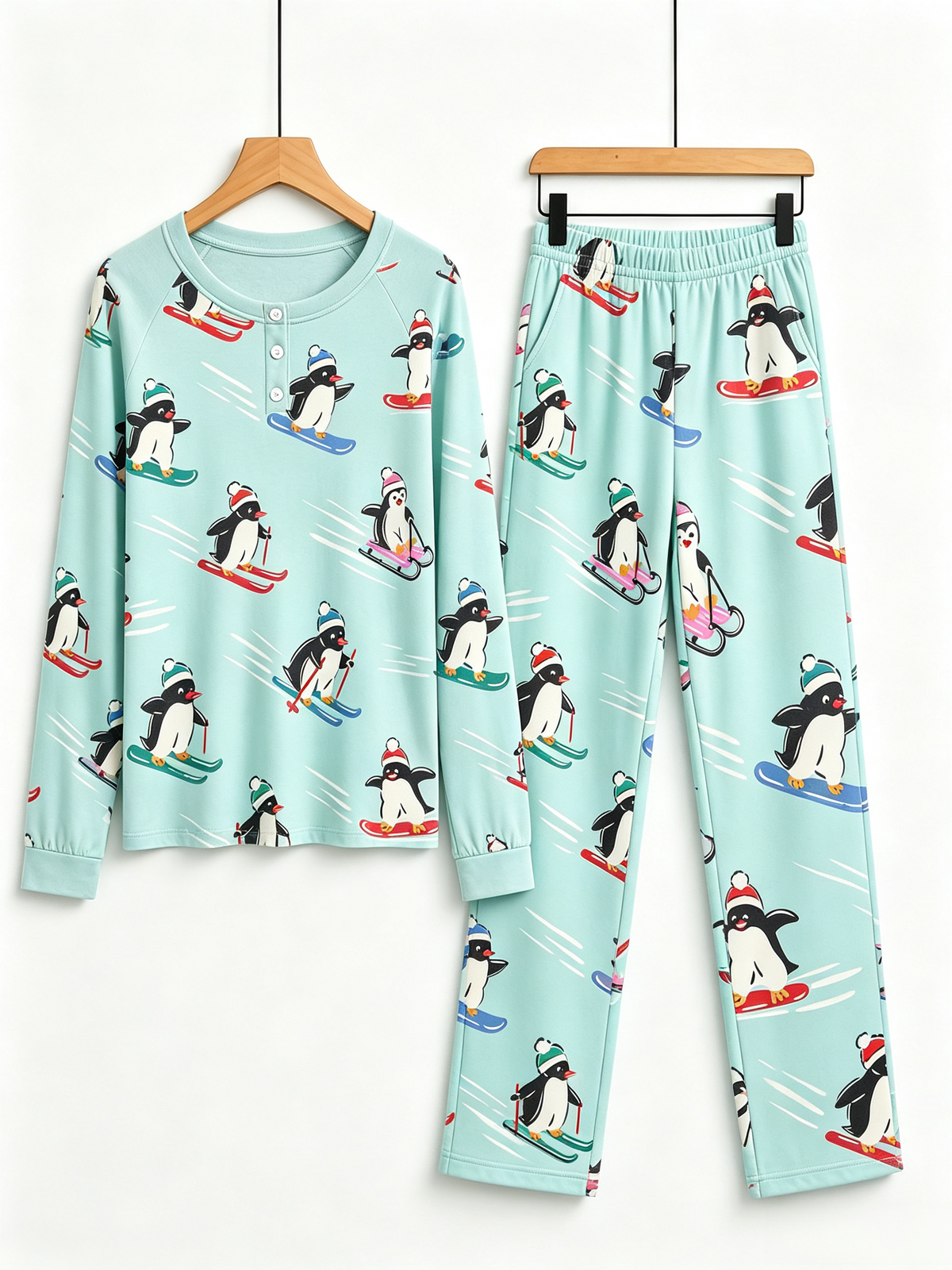 Cute Skiing Penguins Winter Two-Piece Henley Neck Holiday Couple PJs Set