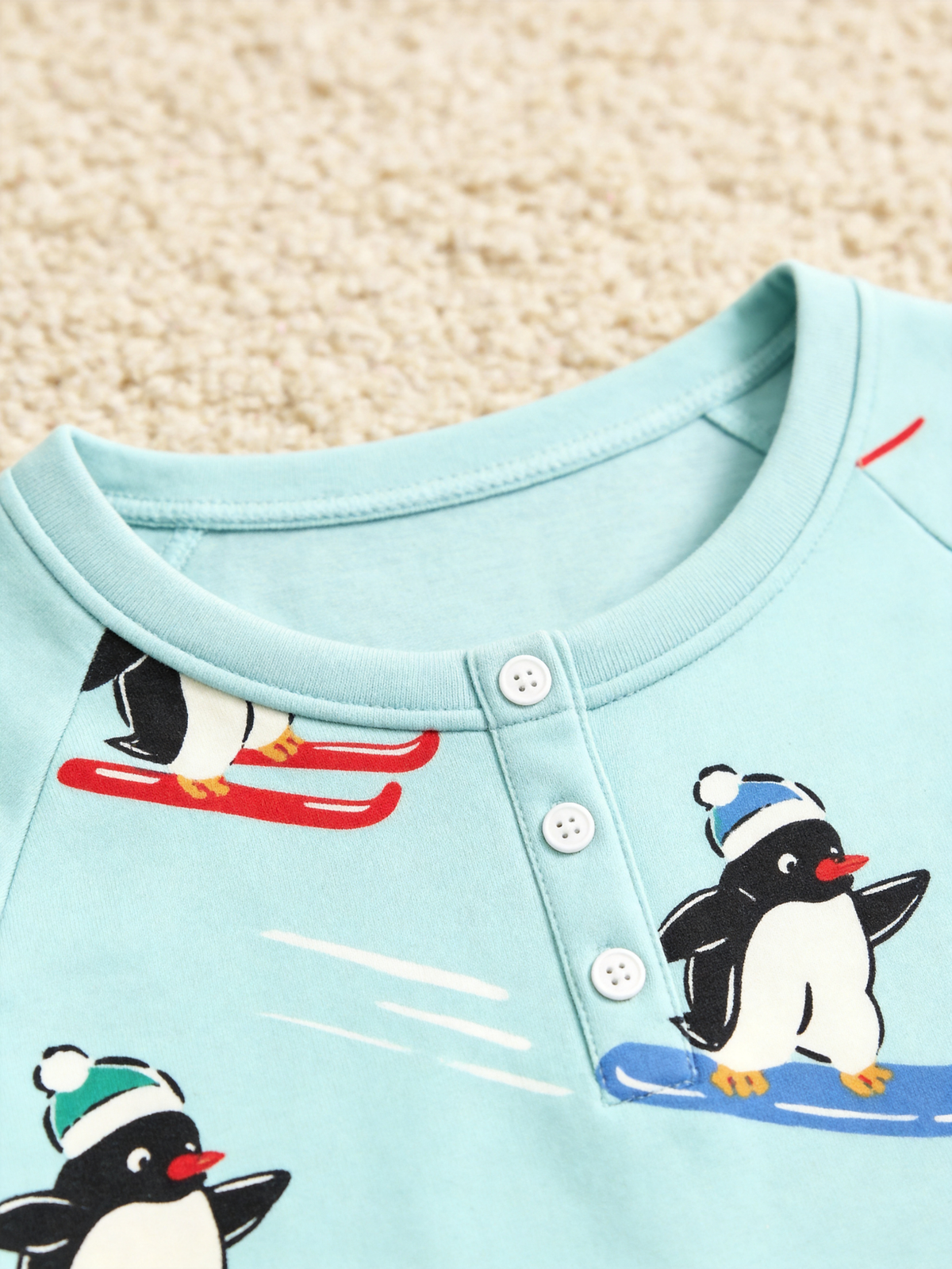 Cute Skiing Penguins Winter Two-Piece Henley Neck Holiday Couple PJs Set