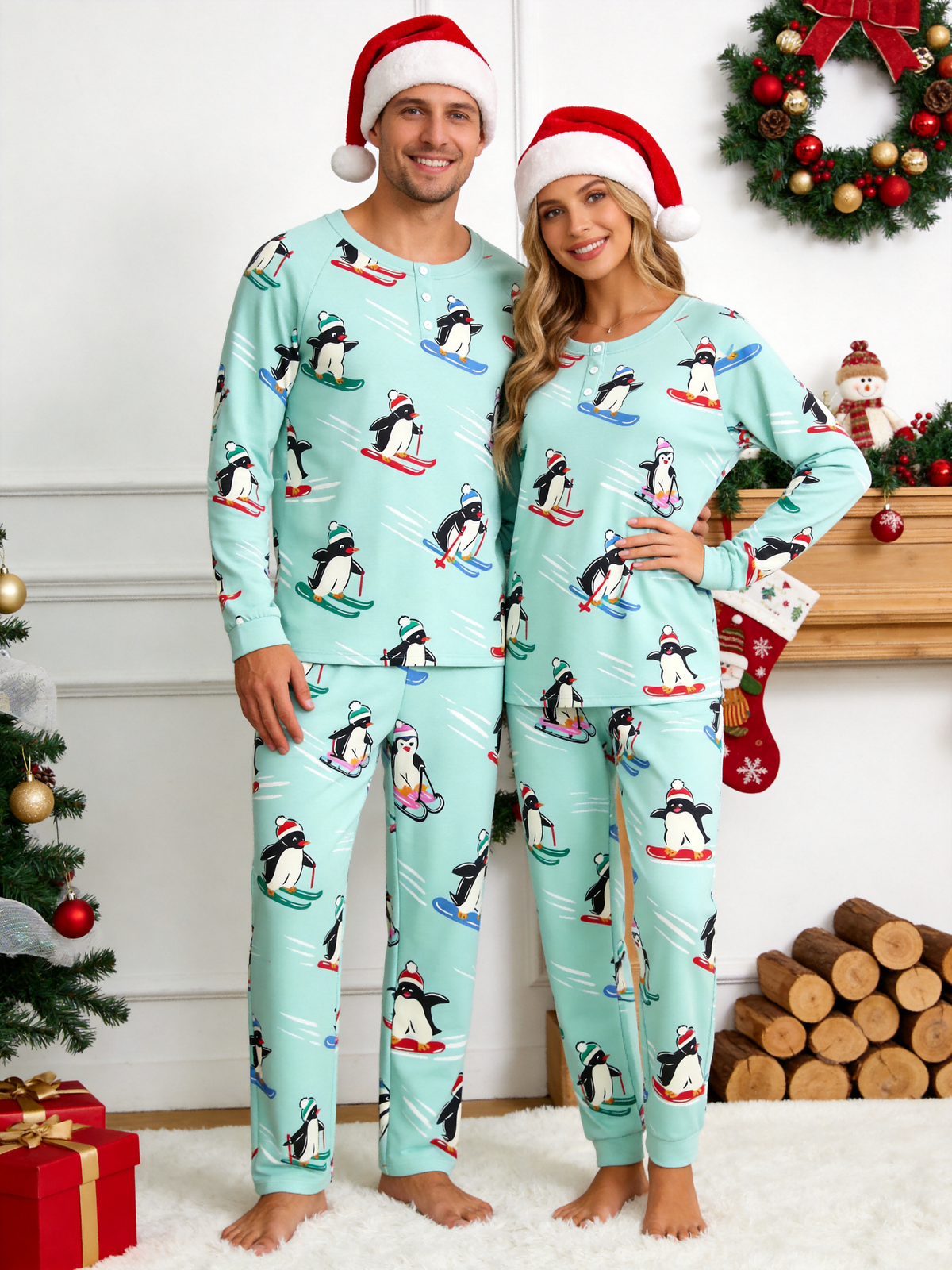Cute Skiing Penguins Winter Two-Piece Henley Neck Holiday Couple PJs Set