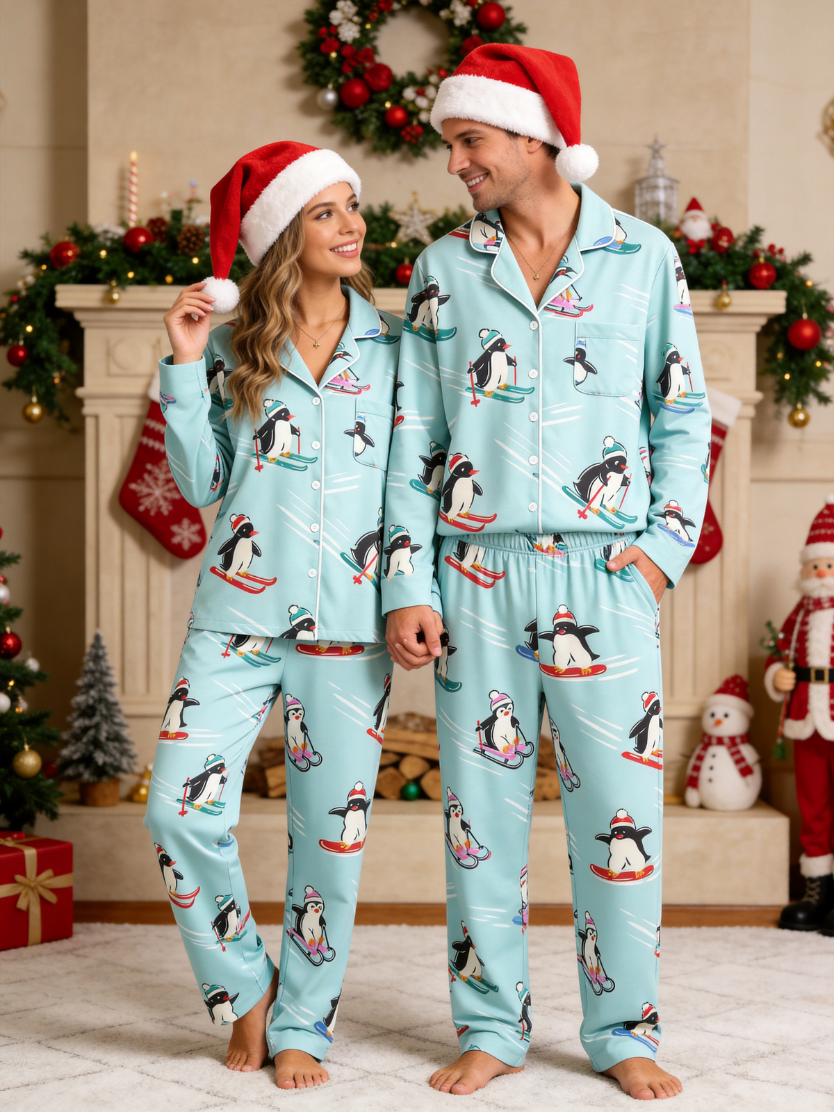 Cute Christmas Penguins Skiing & Sliding Women Sleepwear