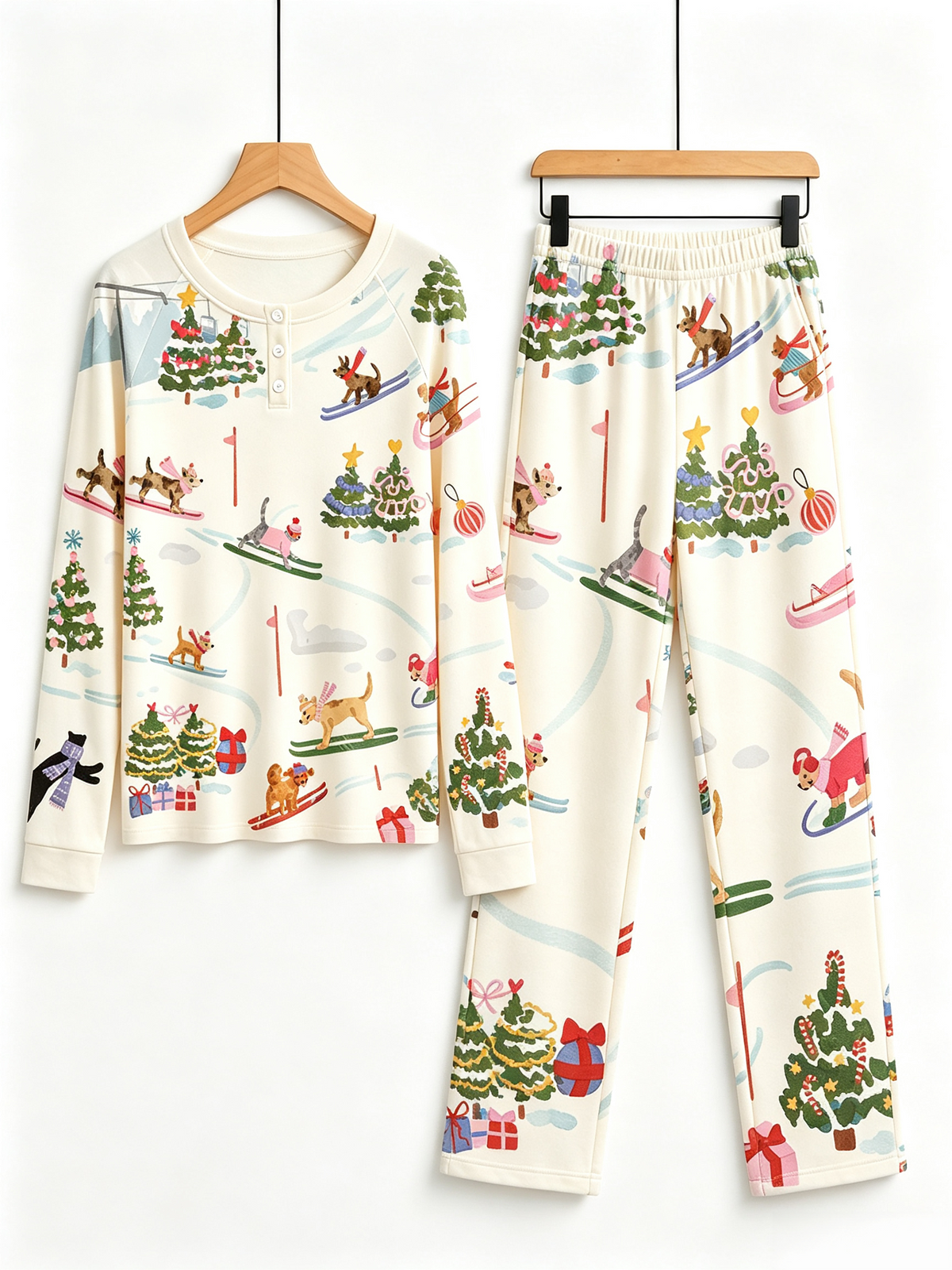 Festive Skiing Dogs & Christmas Tree Two-Piece Henley Neck Holiday Couple Pajamas