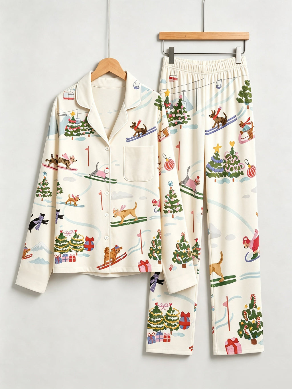 Chic Oatmeal Winter Dogs Skiing & Trees Holiday Women Christmas Pajamas