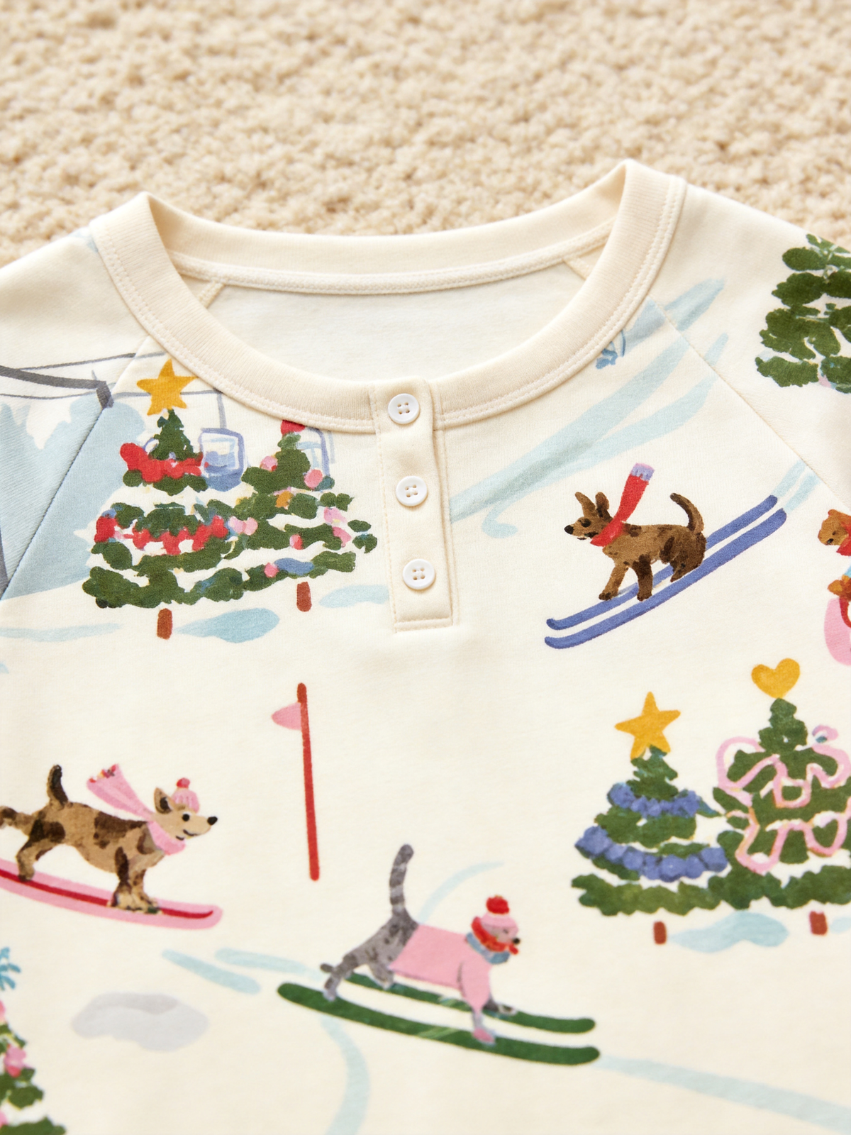 Festive Skiing Dogs & Christmas Tree Two-Piece Henley Neck Holiday Couple Pajamas