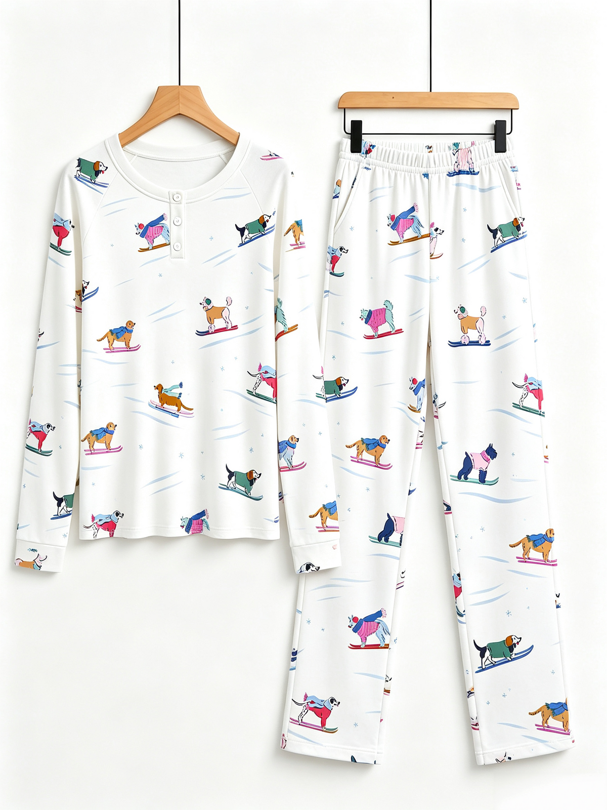 Playful Skiing Puppies Two-Piece Henley Neck Matching Couple Christmas Sleepwear