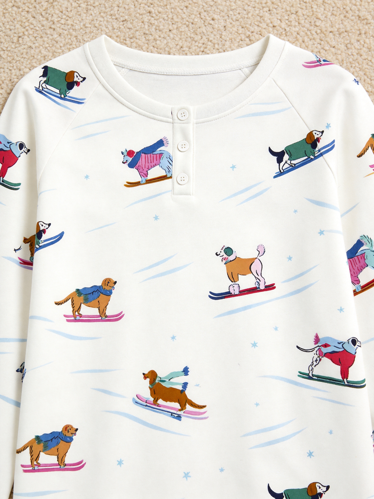 Playful Skiing Puppies Two-Piece Henley Neck Matching Couple Christmas Sleepwear