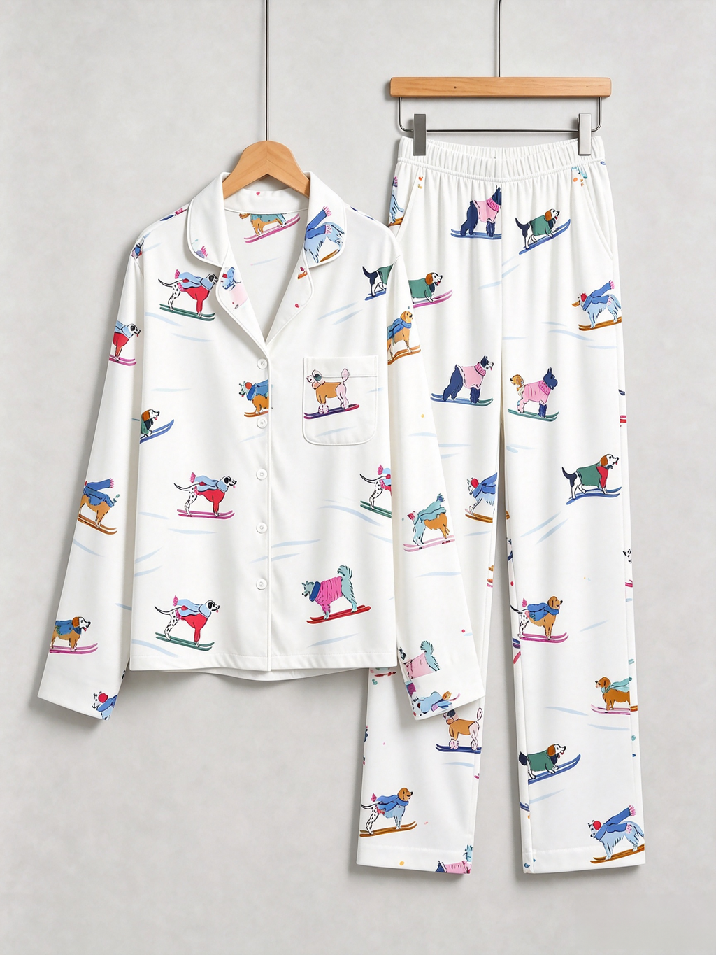 Playful Pups in Sweaters Skiing Neutral Women Christmas PJs