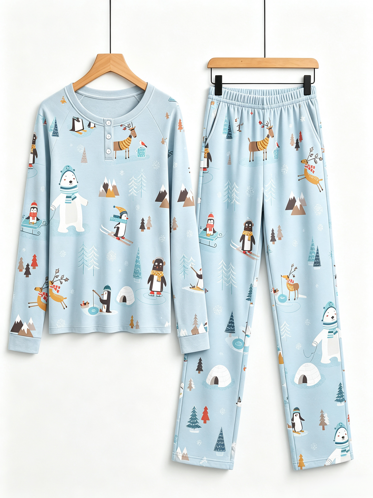 Winter Wonderland Polar Bear, Penguin & Reindeer Two-Piece Henley Neck Couple PJs