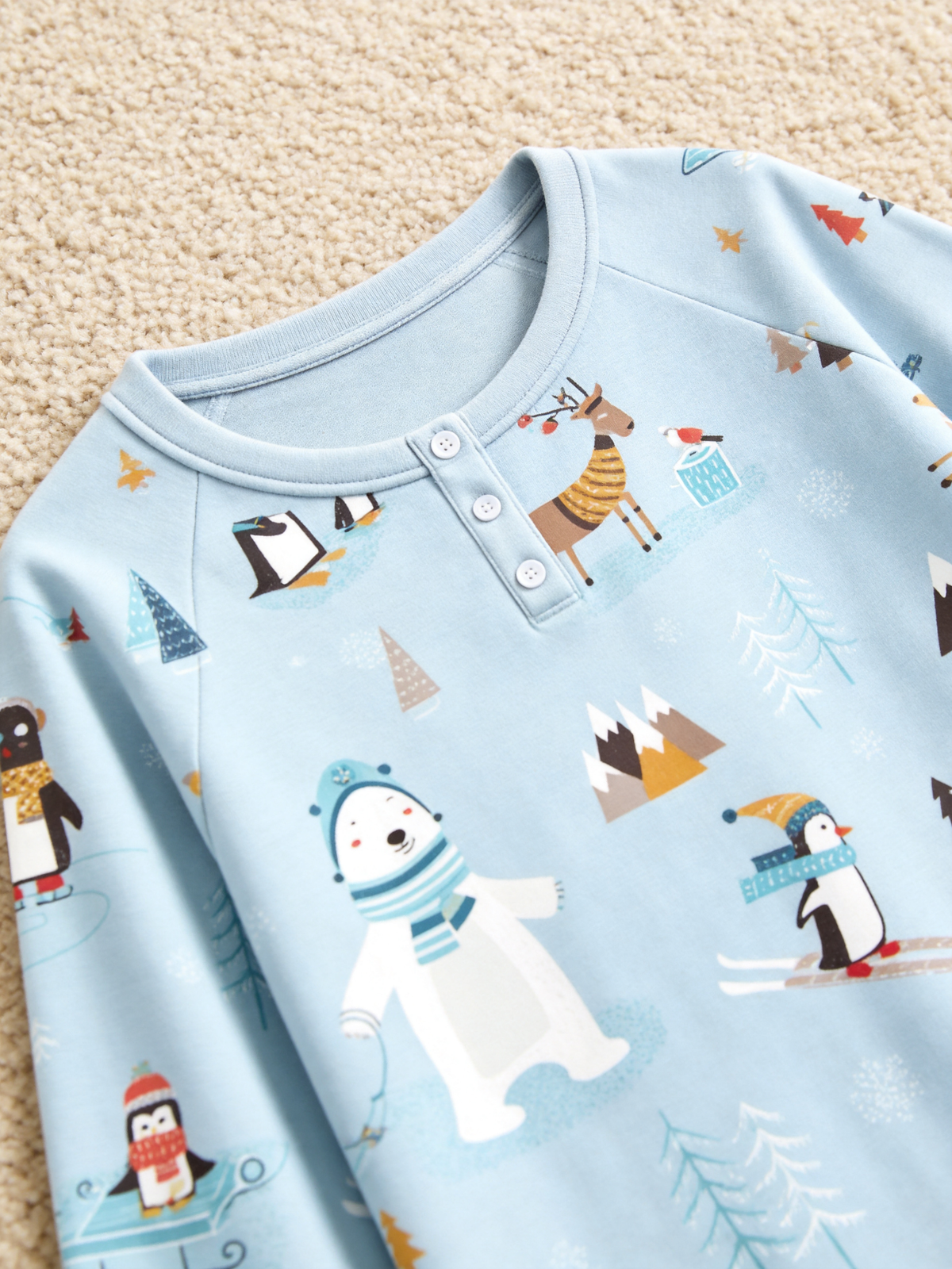 Winter Wonderland Polar Bear, Penguin & Reindeer Two-Piece Henley Neck Couple PJs