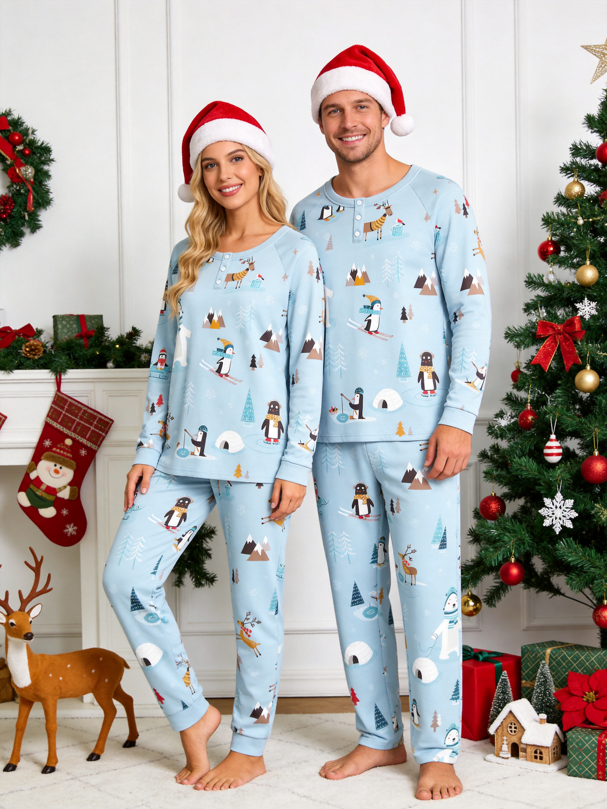 Winter Wonderland Polar Bear, Penguin & Reindeer Two-Piece Henley Neck Couple PJs