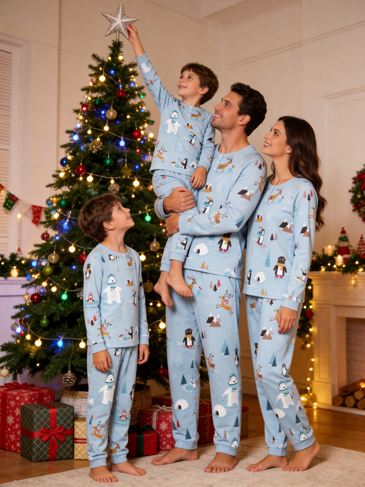 Winter Wonderland Polar Bear, Penguin & Reindeer Two-Piece Henley Neck Couple PJs