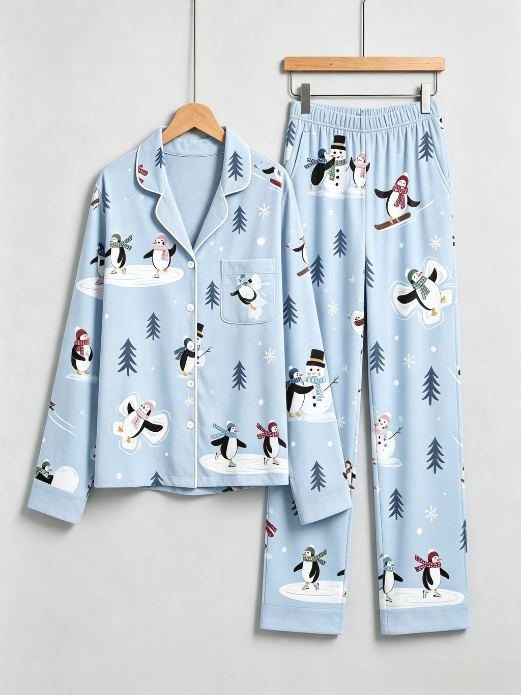 Merry Penguins Ice Skating & Snowman Light Blue Women Sleepwear Set
