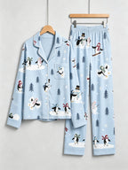 Merry Penguins Ice Skating & Snowman Light Blue Women Sleepwear Set