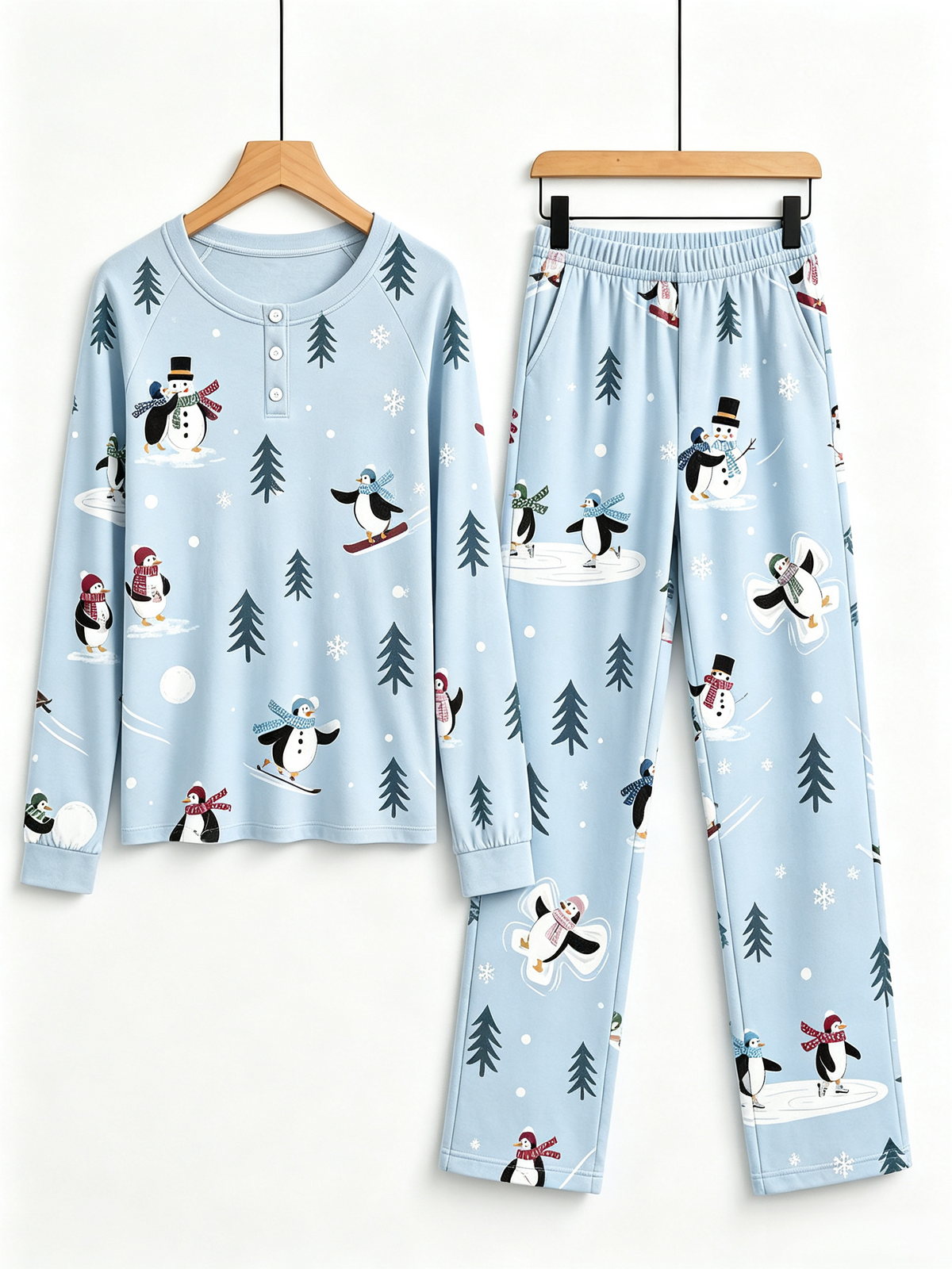 Cute Winter Snowman & Penguins Two-Piece Henley Neck Holiday Couple Pajamas