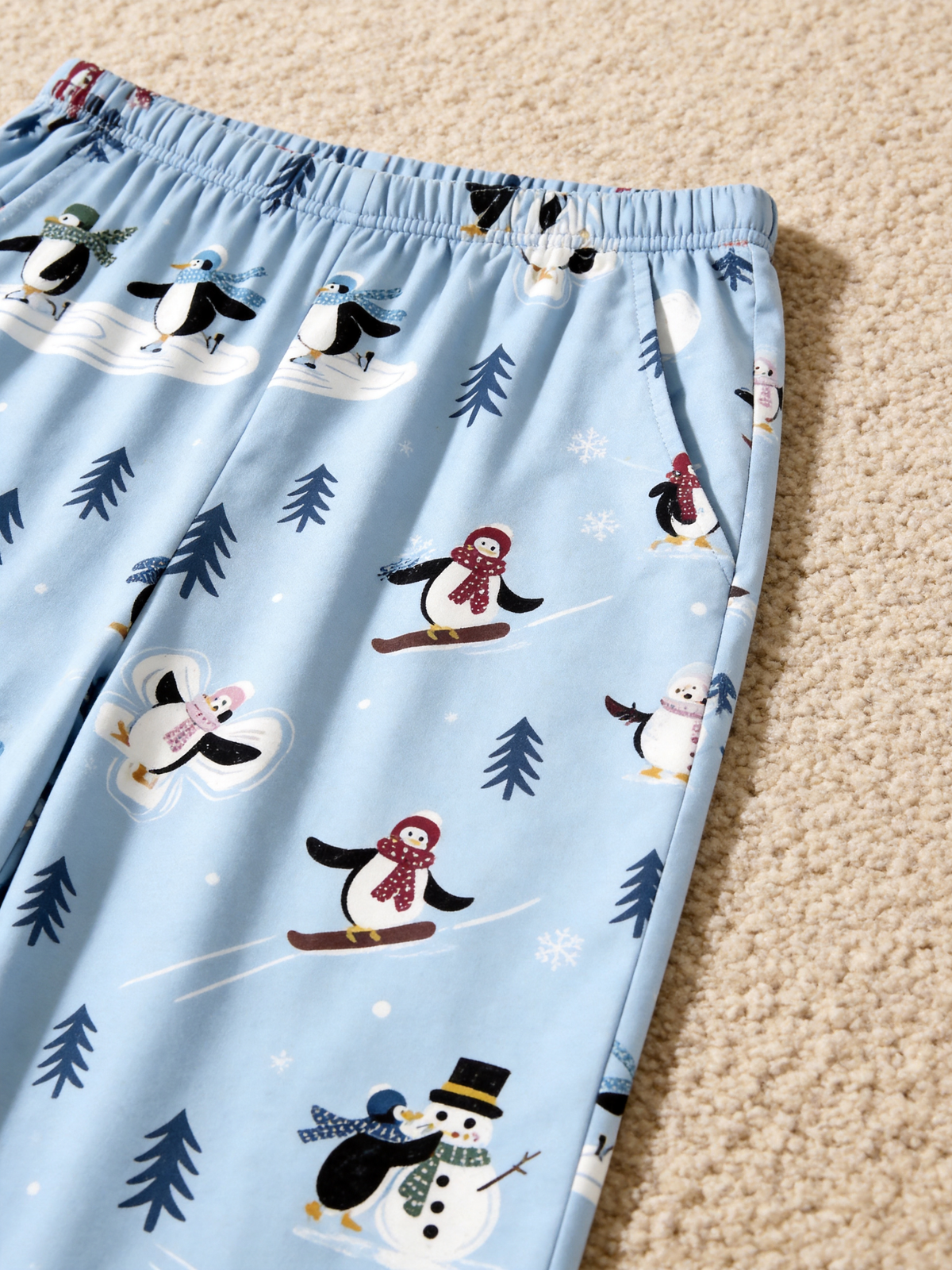 Merry Penguins Ice Skating & Snowman Light Blue Women Sleepwear Set