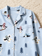 Merry Penguins Ice Skating & Snowman Light Blue Women Sleepwear Set