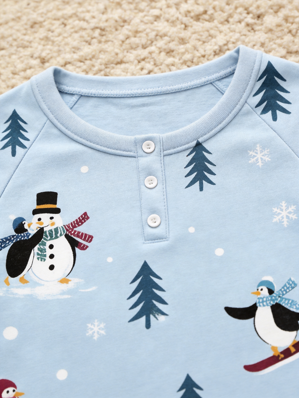 Cute Winter Snowman & Penguins Two-Piece Henley Neck Holiday Couple Pajamas