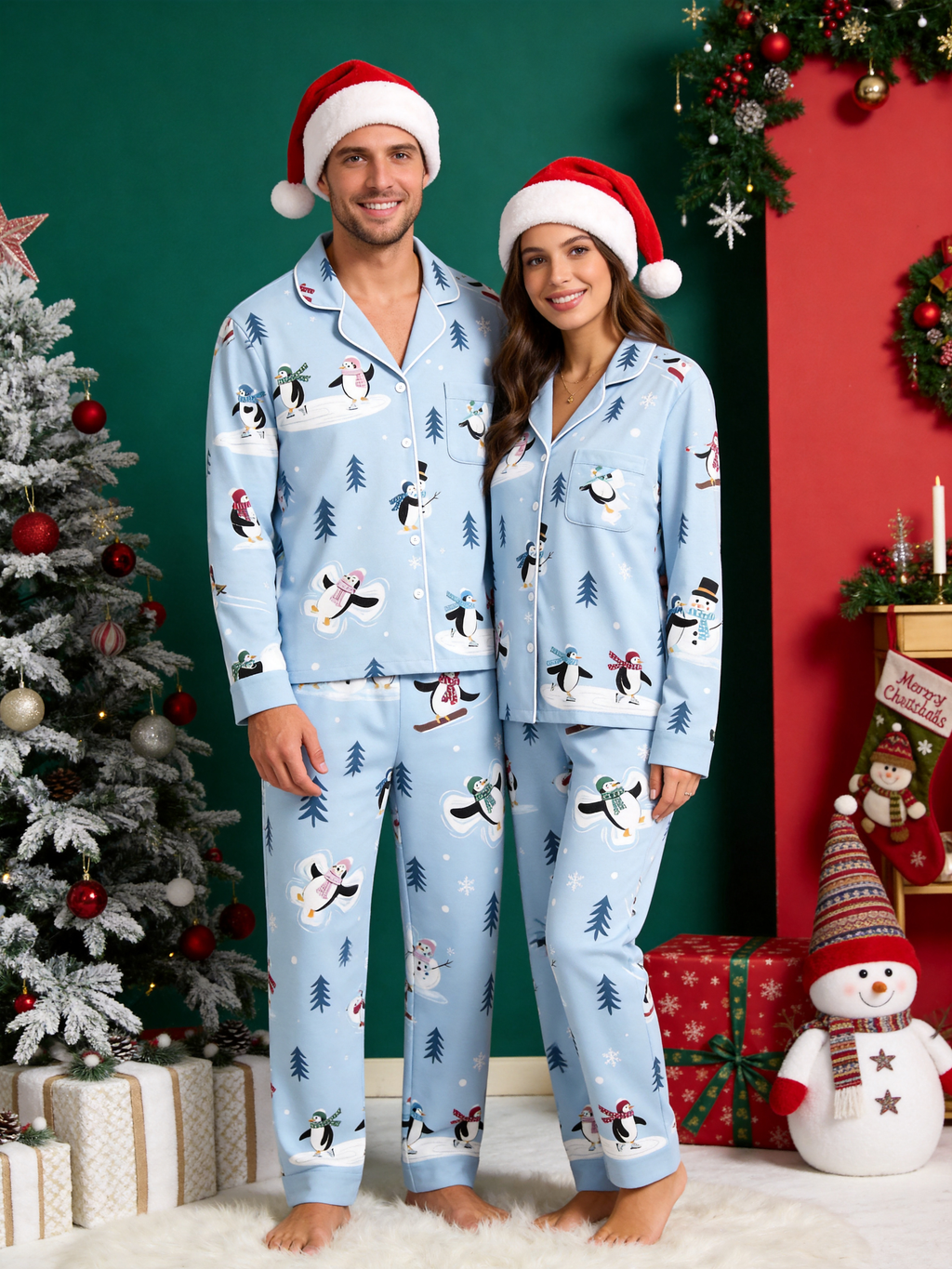Merry Penguins Ice Skating & Snowman Light Blue Women Sleepwear Set