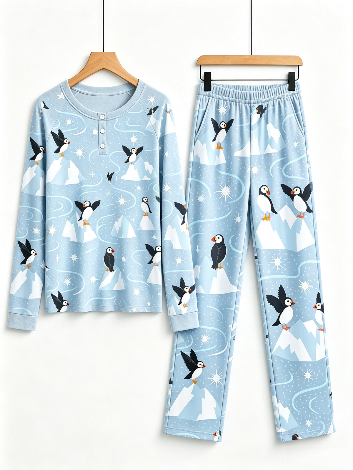 Charming Arctic Puffers & Icebergs Two-Piece Henley Neck Couple PJs